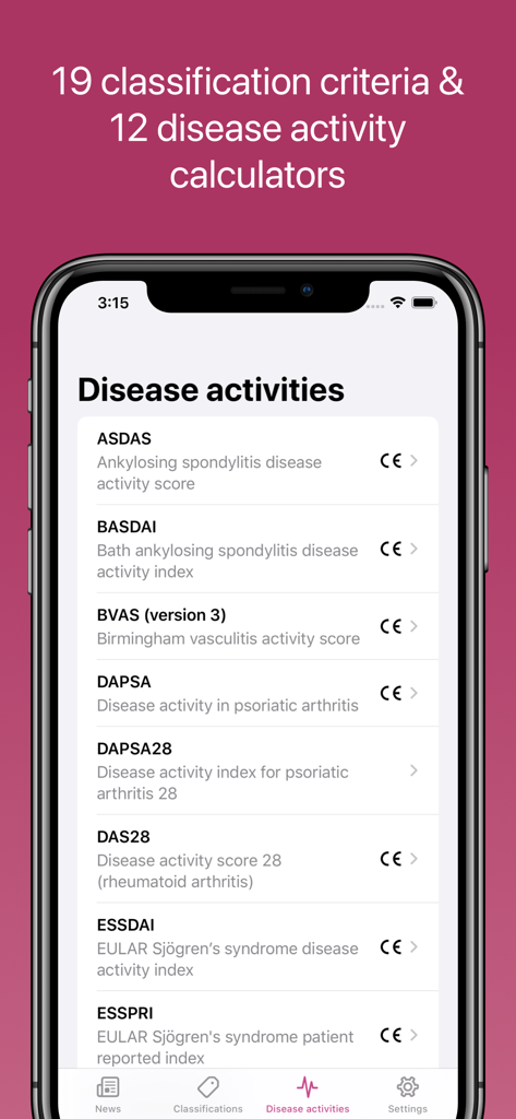 Screenshot of RheumaHelper app showing a list of clinical disease activity calculators for rheumatologists