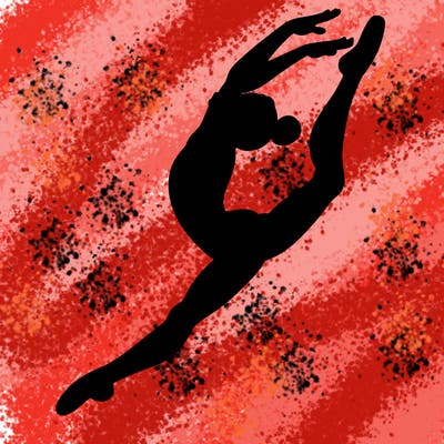 gymnast doing a leap in a leotard with a bent back leg