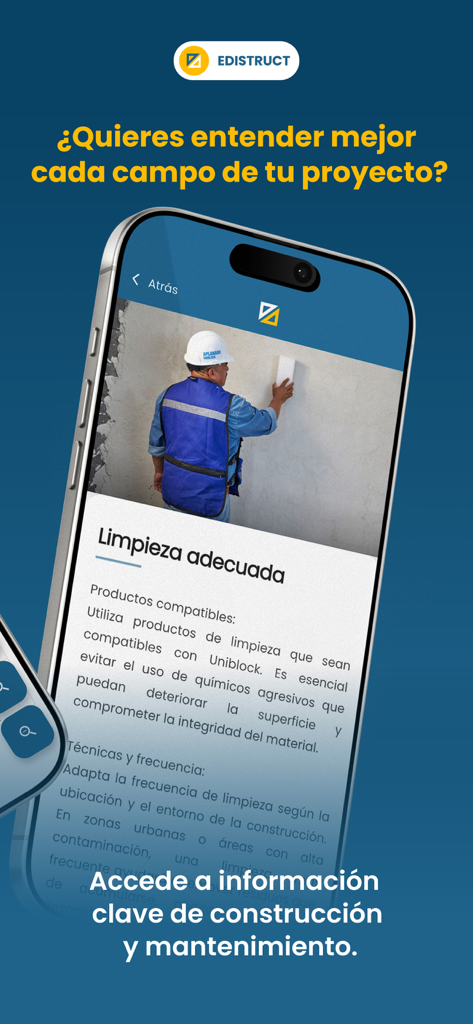 Edistruct - Tela do aplicativo móvel Edistruct exibindo informações de construção e manutenção em português.