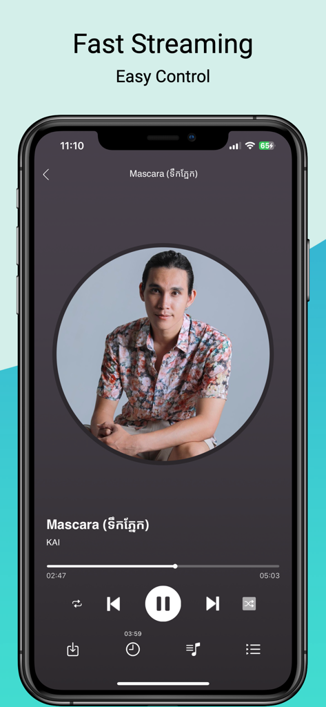 Music player interface of Khmer Music Pro app playing a song by KAI