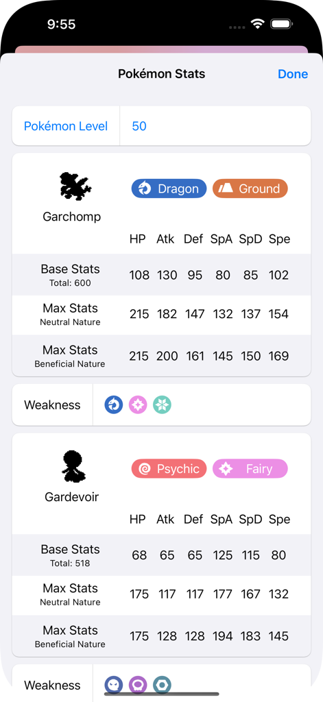 Damage Calculator - Interface showing detailed base and maximum stats for Garchomp and Gardevoir including type weaknesses.