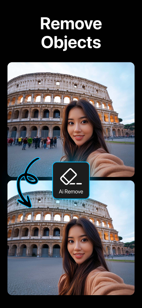 Pix AI Image Generator - Uma comparação antes e depois mostrando a ferramenta removedora de objetos de IA limpando pessoas do fundo de uma selfie no Coliseu