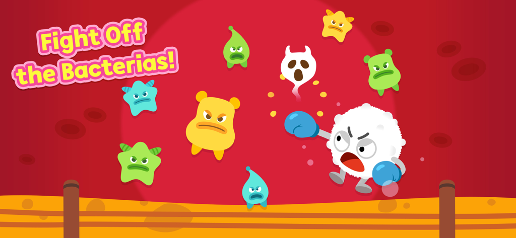 A cartoon white blood cell with boxing gloves fighting colorful bacteria in the Pinkfong My Body app.