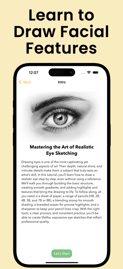 Learn Drawing Offline: Artify - Uno schermo di telefono che mostra un tutorial di disegno realistico di un occhio dall'app Artify Impara a Disegnare Offline.