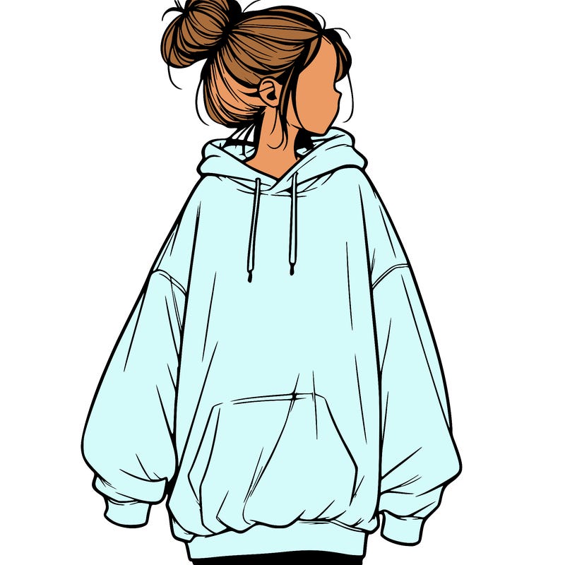 realistic girl with a oversized sweatshirt on and a bun