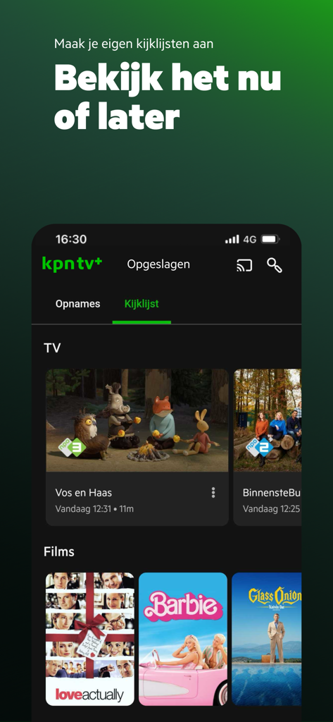 Mobile Oberfläche der KPN TV plus App mit einer personalisierten Watchlist von Filmen und TV-Sendungen.