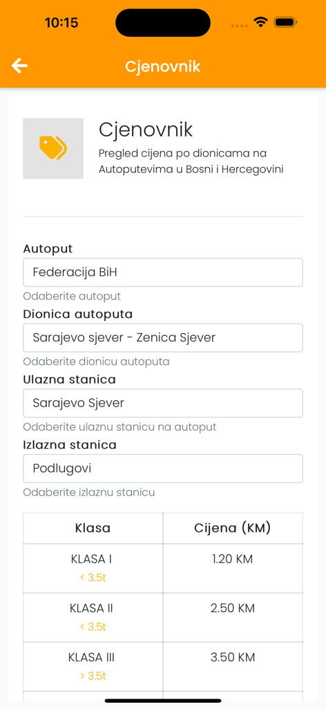 ACC MOBILNA APLIKACIJA - Highway toll price list screen in the ACC Mobilna Aplikacija showing rates by vehicle category.