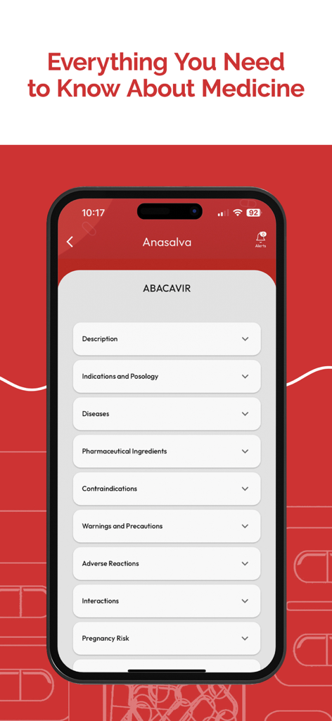 ANASALVA - Captura de pantalla de la aplicación médica ANASALVA que muestra información completa sobre el fármaco Abacavir, incluidas indicaciones y contraindicaciones