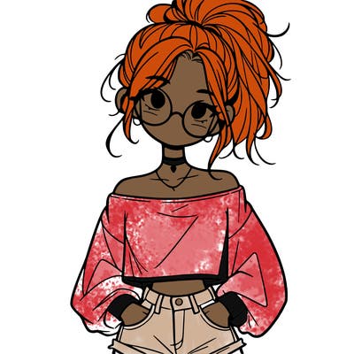 girl with a messy ponytail glasses a baggy crop top and jean shorts