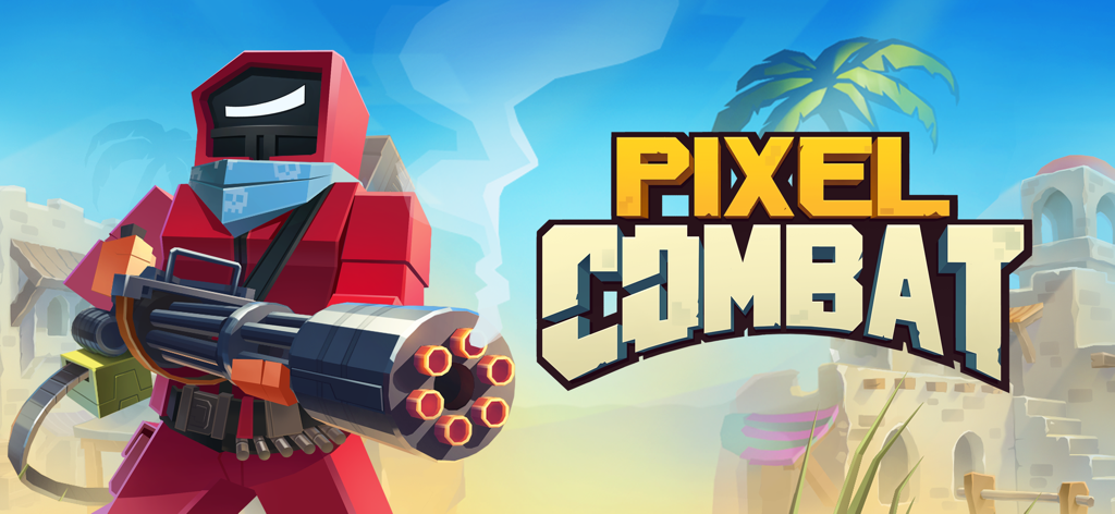 Pixel Combat: Zombie Games 3-D - A pixelated character in a red suit holding a minigun with the Pixel Combat logo