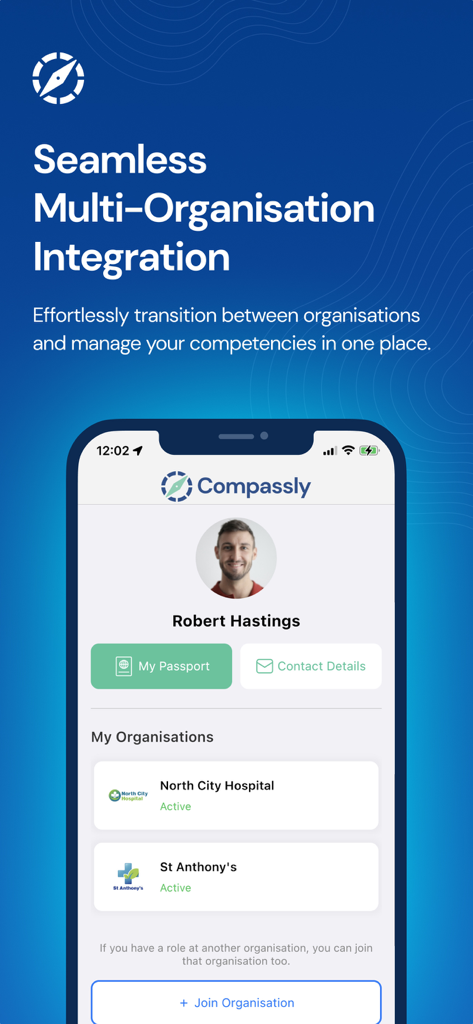 Compassly app screen showing a clinician profile with multiple active healthcare organisations for competency management.