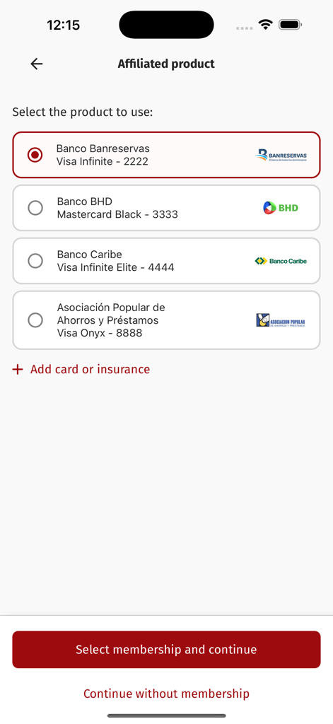 BeforeBoarding - Pantalla de selección de tarjetas de crédito afiliadas y membresías en la aplicación BeforeBoarding