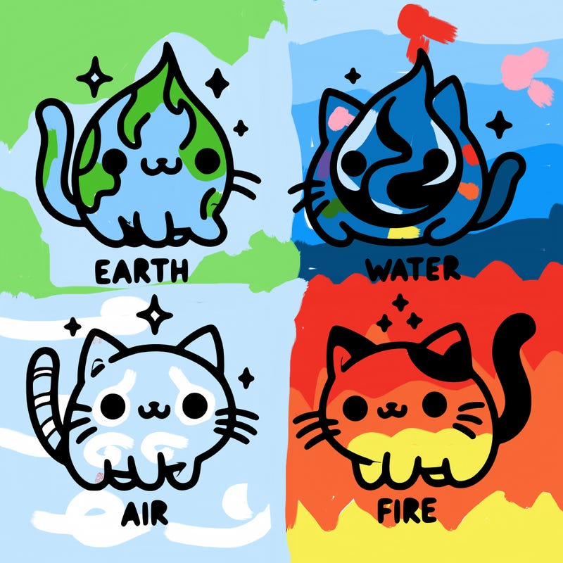 4 cats that represent the different elements, earth, water, air, and fire