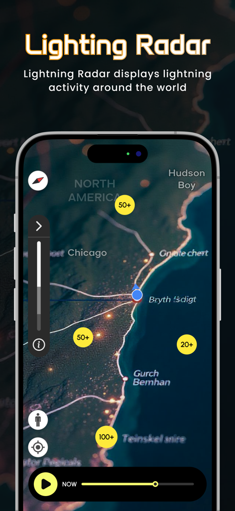 Lightning on Map : LR Tracker - Real-time lightning radar interface displaying global storm activity and strike clusters on an interactive map