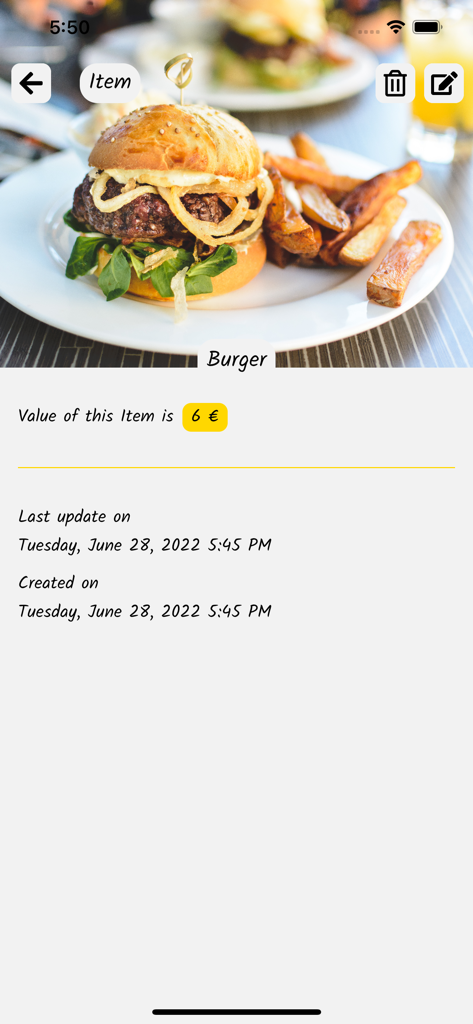 Debes: Who owes me? Do I owe? - Screenshot of the Debes app showing a burger item with a value of 6 euros and its creation date