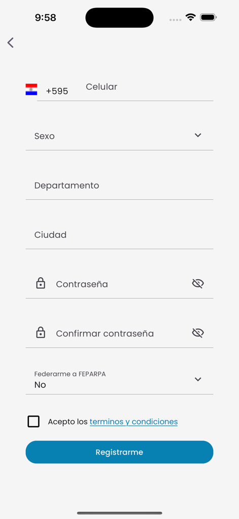 Padelsys - Registration screen for the Padelsys sports app