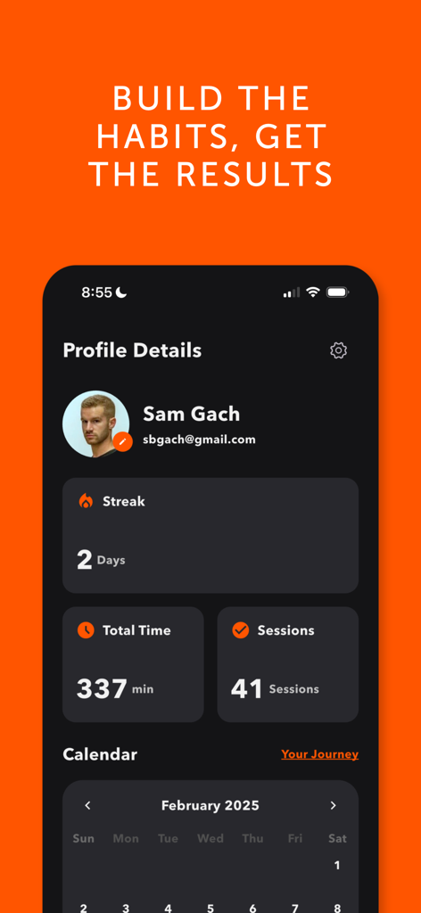 Stretch: Stretching & Mobility - Tela do perfil do usuário do aplicativo Stretch exibindo métricas de progresso, incluindo sequências diárias, tempo total de alongamento e sessões concluídas.