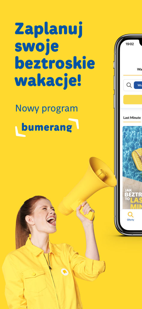 Femme avec un mégaphone faisant la publicité de l'application de voyage Rainbow sur fond jaune