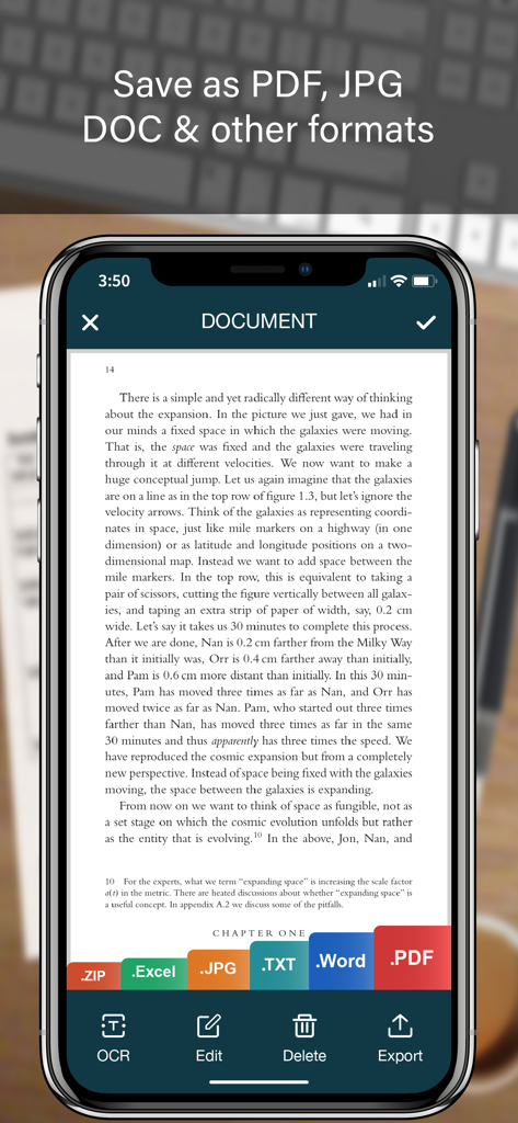 PDF JPG WordおよびExcelのエクスポートオプションが表示されたドキュメントのモバイルスキャナーアプリインターフェース