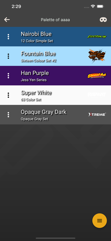 Ink Maps - A digital list of tattoo ink colors and brands within the Ink Maps app palette interface
