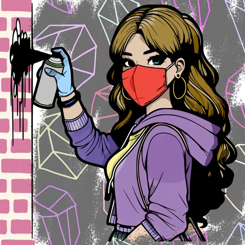 realistic girl with mask spray painting a wall