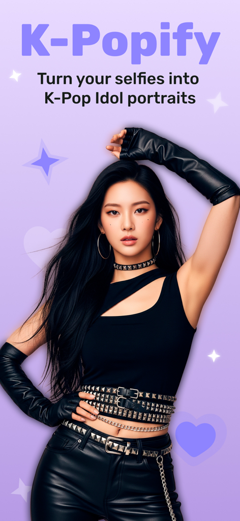 K-Popify: K-Pop Photo Studio - Captura de tela do aplicativo K-Popify mostrando uma mulher com estilo de ídolo K-Pop e texto de retrato