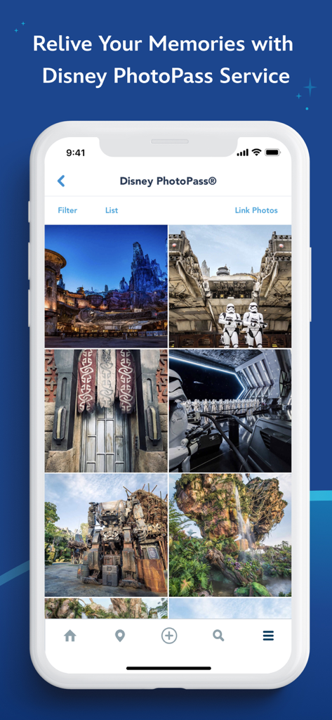 Visualização da galeria de fotos profissionais do parque na seção Disney PhotoPass do aplicativo