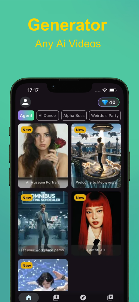 Solara AI mobile app interface showing creative AI video templates and categories