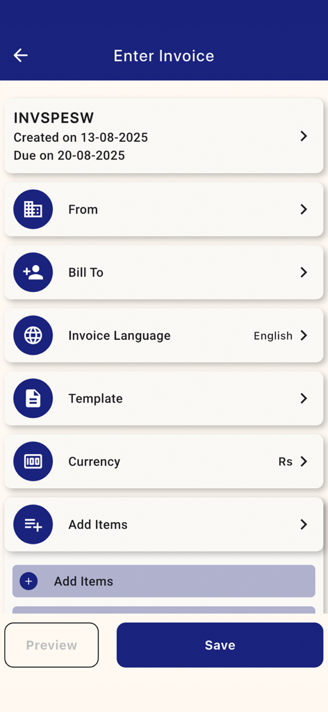 The enter invoice screen showing settings for language currency and billing details