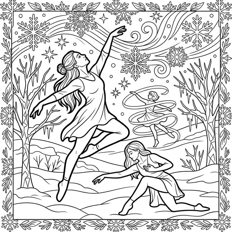 Step into a beautiful winter scene where graceful dancers express the depths of personal identity. This enchanting coloring page invites you to explore self-discovery amidst a flurry of delicate snowflakes and icy elegance.