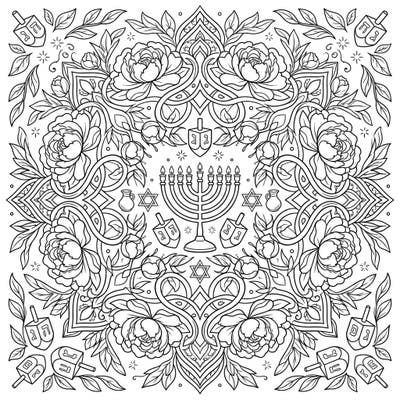 Discover a unique blend of nature's beauty and festive tradition with this Hanukkah peony mandala coloring page. Intricate designs featuring lush peonies, menorahs, and dreidels offer a delightful creative escape.