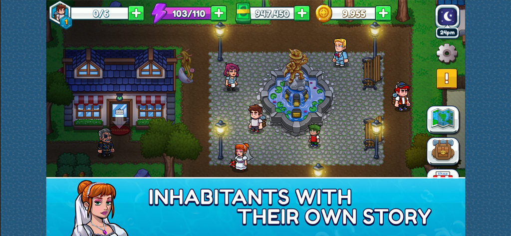 Nautical Life 2: Fishing RPG - Nautical Life 2 gameplay showing characters and a fountain in a town square at night.