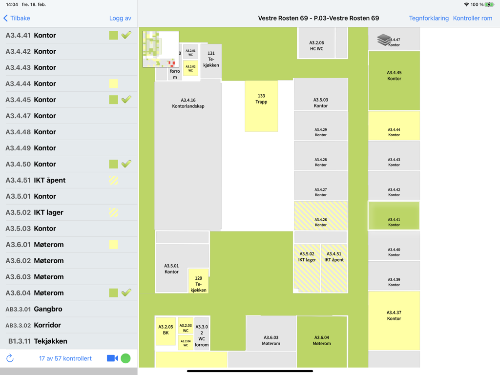 CleanPilot Go - iPad interface of CleanPilot Go showing a digital floor plan with rooms color-coded by cleaning status.