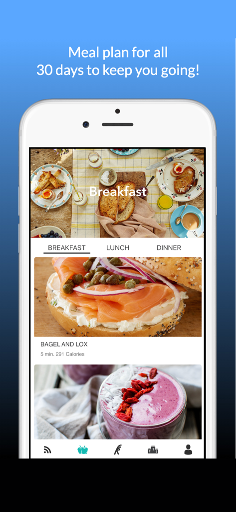 Plank - 30 Days of Challenge - プランクアプリのミールプラン画面。ベーグルとサーモンなどの朝食オプションが表示されています。