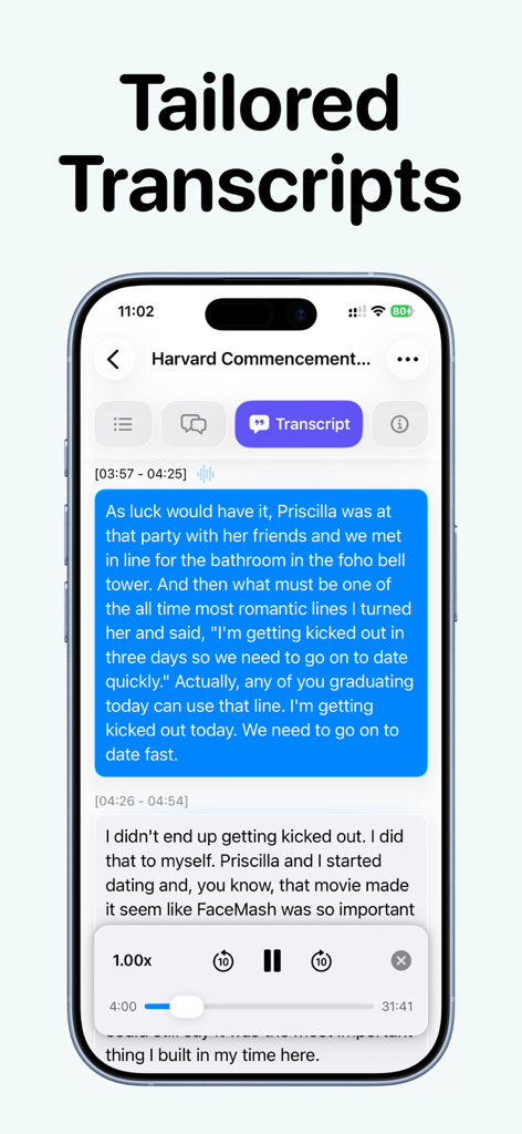 Noota - AI Note Taker - Noota app interface showing a tailored transcript of a speech with audio playback controls