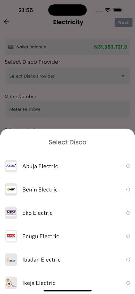 Maskawasub - A list of Nigerian electricity providers within the Maskawasub mobile application.
