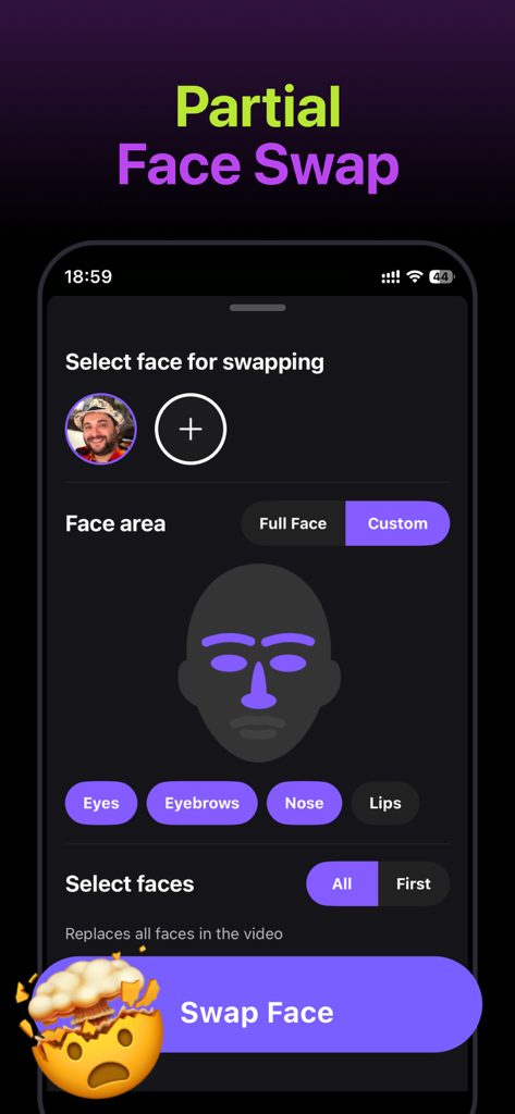 Interface of Swapify app showing partial face swap customization for facial features