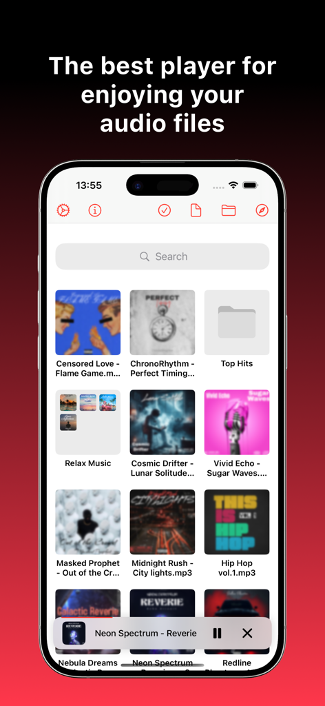 アルバムアートと検索バーを備えた、整理された音楽ライブラリを示すMusic Appオフラインプレイヤーのインターフェース。