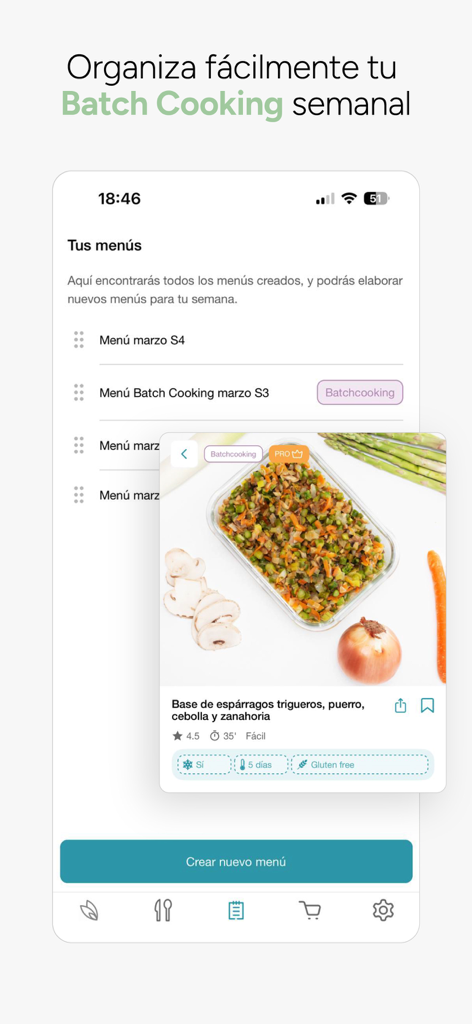 FuturApp interface for organizing weekly batch cooking menus and healthy recipes.