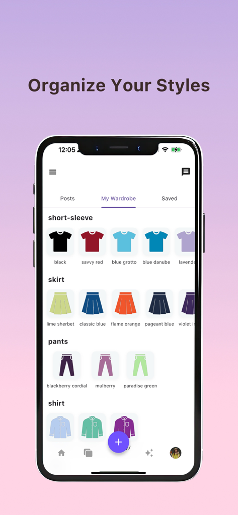 A mobile app screen titled Organize Your Styles showing a digital wardrobe with clothes sorted by type and color