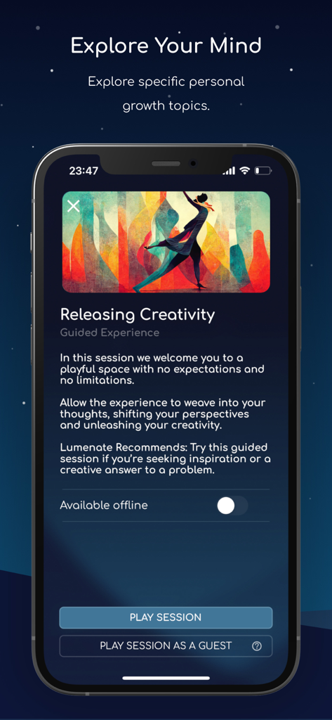Lumenate: Explore & Relax - Interfaz de la aplicación Lumenate con una sesión guiada para liberar la creatividad
