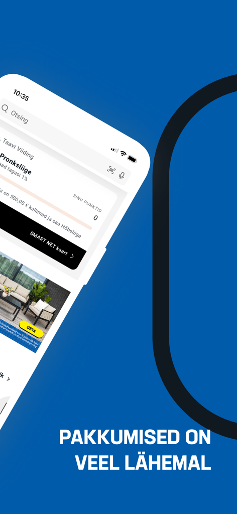K-rauta app interface displaying the SMART NET virtual loyalty card and home furniture offers.