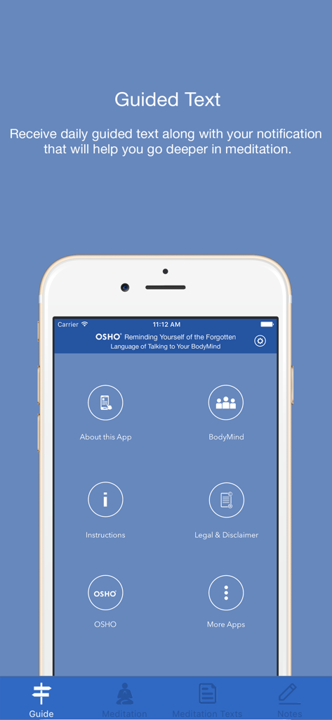 Osho Talking To Your BodyMind - Screenshot of the Osho Talking To Your BodyMind app menu showing guided text and meditation options on a blue background