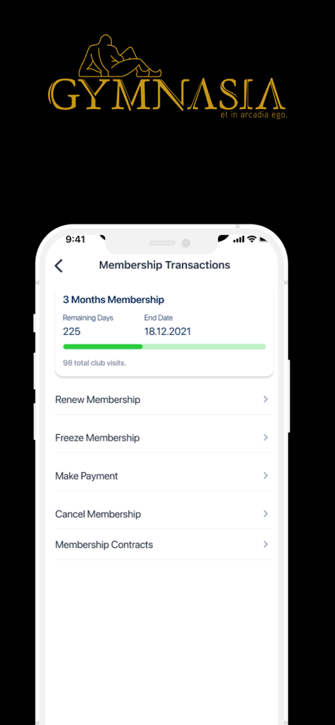 GYMNASIA - GYMNASIA app membership transactions screen displaying remaining days and management options