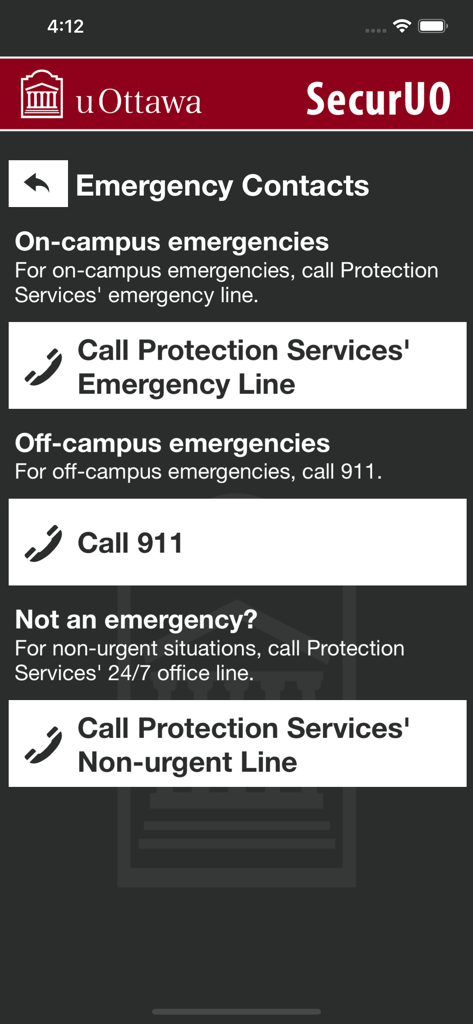 SecurUO - Pantalla de contactos de emergencia de la aplicación SecurUO que muestra opciones para llamar a servicios de protección del campus y al 911