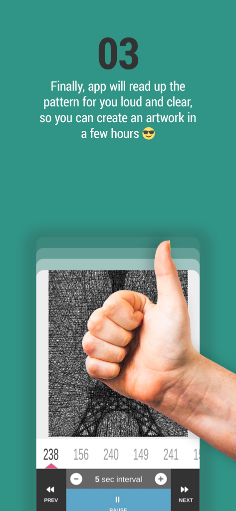 String Art DIY - String Art DIY app interface showing audio-guided weaving instructions and a thumbs up