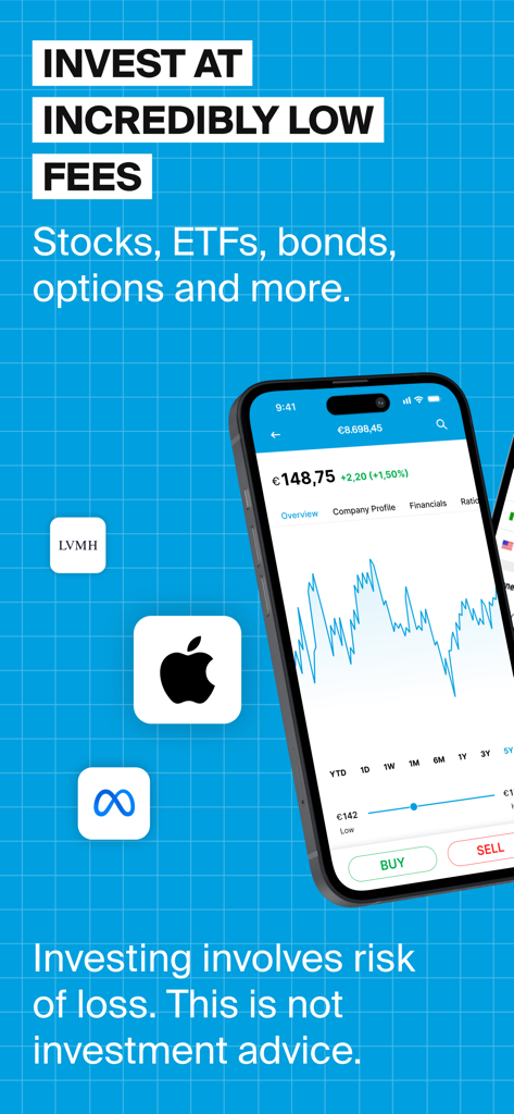 Smartphone displaying the DEGIRO trading app with a stock price chart and brand logos like Apple and Meta on a blue grid background