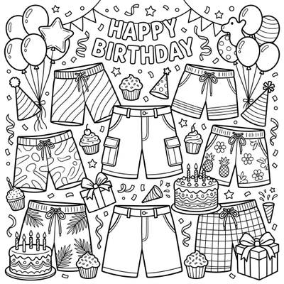 Get ready to celebrate with this playful Men's Shorts Birthday coloring page, bursting with festive elements like balloons, cakes, and party hats. It's the perfect way to add a unique, stylish touch to any birthday celebration, offering creative fun for all ages.