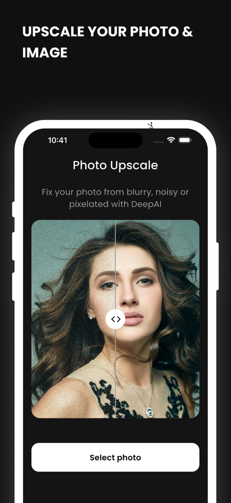 PixAI - Image Generator - PixAI app interface showing a photo upscaling feature with a before and after comparison slider on a portrait