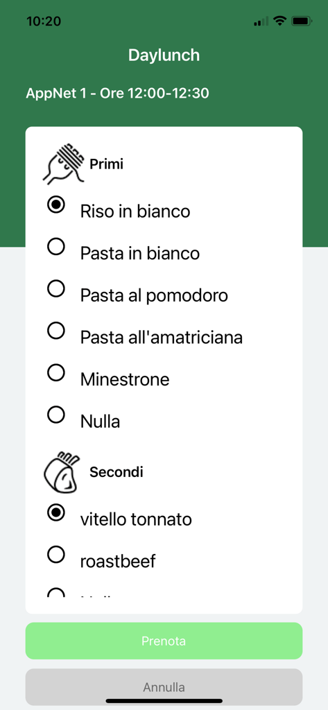 DayLunch - Interfaccia dell'app DayLunch che visualizza le opzioni di primo e secondo per la prenotazione di un pasto aziendale in mensa